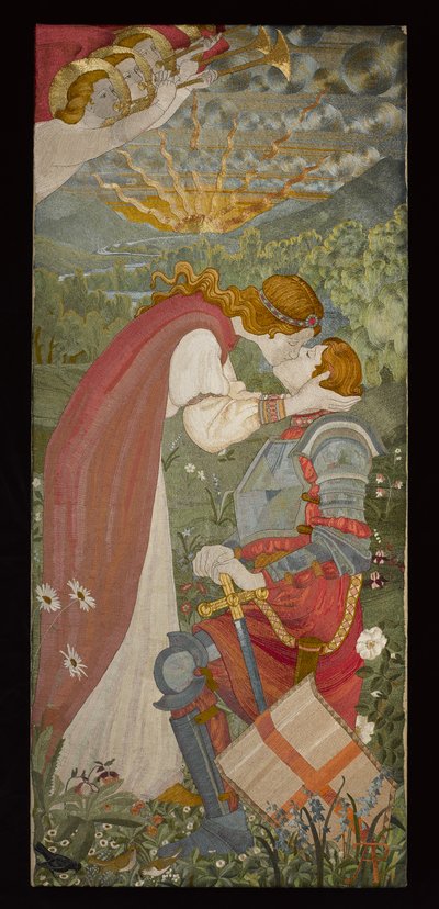 St. George In Armour Being Kissed By Una, 1914 (embroidery with silks and gold) by Phoebe Anna Traquair